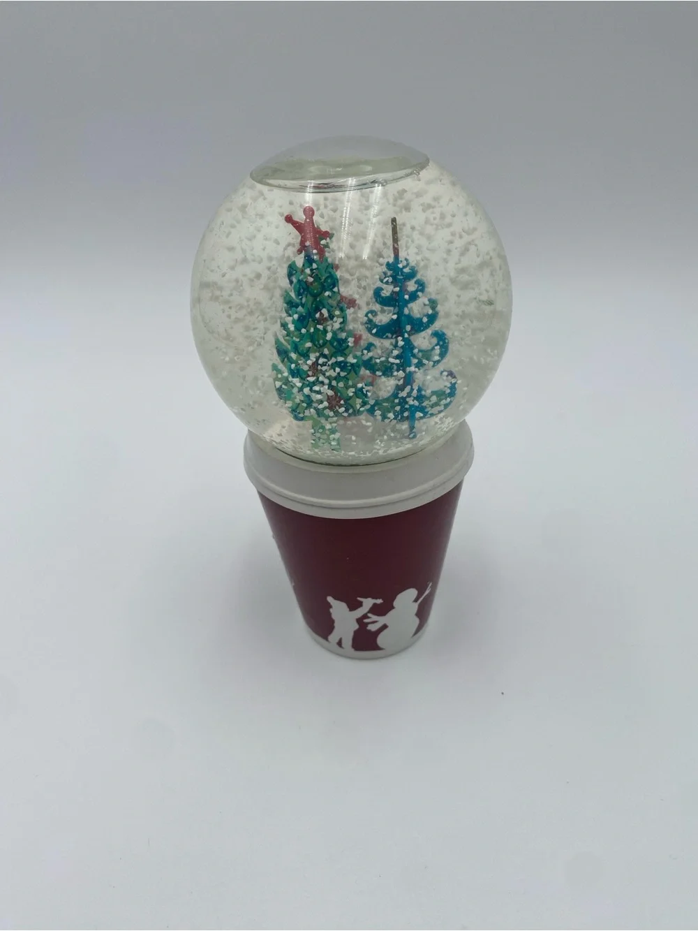 Starbucks Red Cup Snow Globe with Blue, Green, and Red Trees